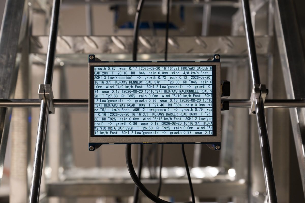 A screen inside the staircase frame showing lines of live data: growth, wear, rain, wind and street names.